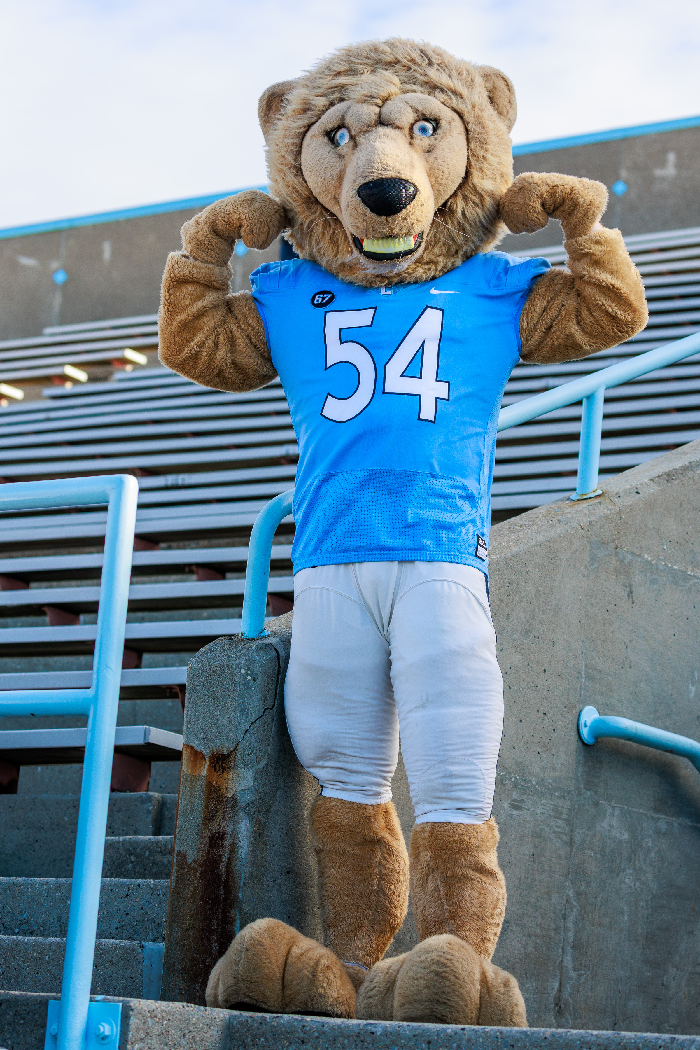 The image showcases a lion mascot, exuberantly flexing its muscles and radiating enthusiasm, presumably at a sports event. Dressed in a sky-blue jersey emblazoned with the number '54' and white pants, the lion's demeanor is playful and spirited, aimed at rallying team support. The backdrop features empty bleachers, indicating a sports stadium atmosphere, likely before a game, where such mascots often engage with fans to heighten excitement. The lion’s exaggerated expressions and dynamic pose add a humorous touch, as it seems to take on the role of both cheerleader and athlete. With its oversized paws and vibrant costume, this mascot embodies the joy of sports culture, making it a delightful focal point against the concrete and metal of the stadium.
